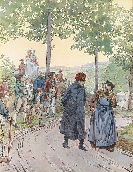 Napoleon talking to an old lady (colour litho)
