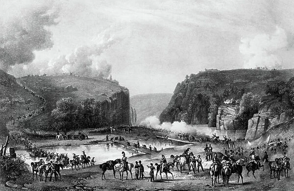 Napoleonic troops crossing Spree (Germany) before arriving in Bautzen on may 19, 1813, engraving by Engelman after Lecamus