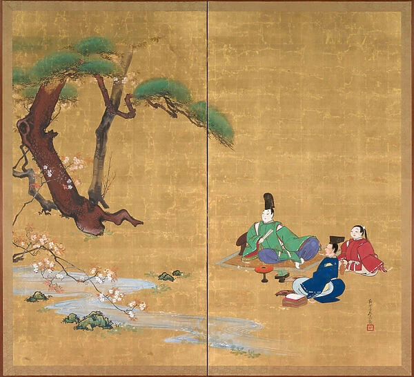 Narihira Viewing the Cherry Blossoms, Two-panel folding screen, late 1800s (ink, colour