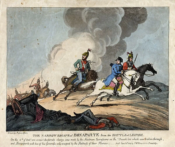 THE NARROW ESCAPE OF BONAPARTE FROM THE BATTLE OF Leipzig, 1814 (engraving)
