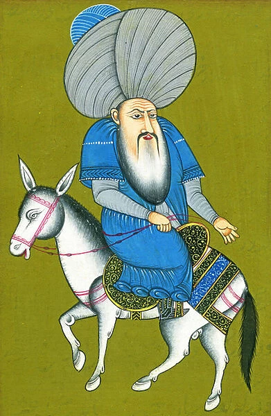 Nasreddin Hodja riding his horse backwards (watercolour on paper)