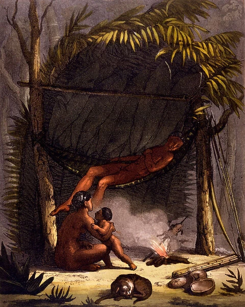 Native American Family under a Leaf Shelter (colour litho)