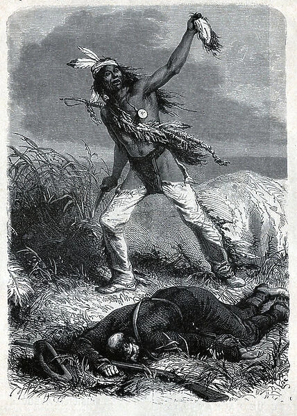 Native American scalps a soldier, c. 1900 (engraving)