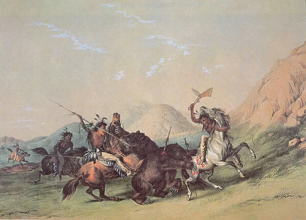 Native Americans killing a bear (colour litho)