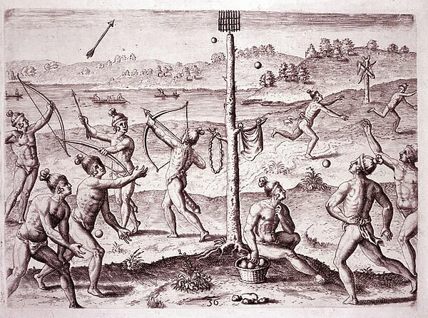 Native Americans practicing running, shooting arrows, and throwing ball