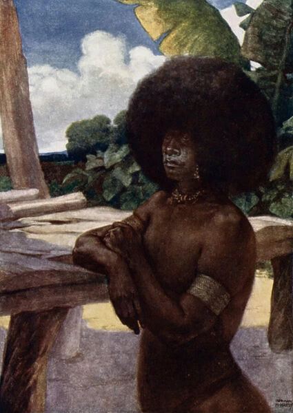 Native of British New Guinea, showing the manner of wearing the hair (colour litho)