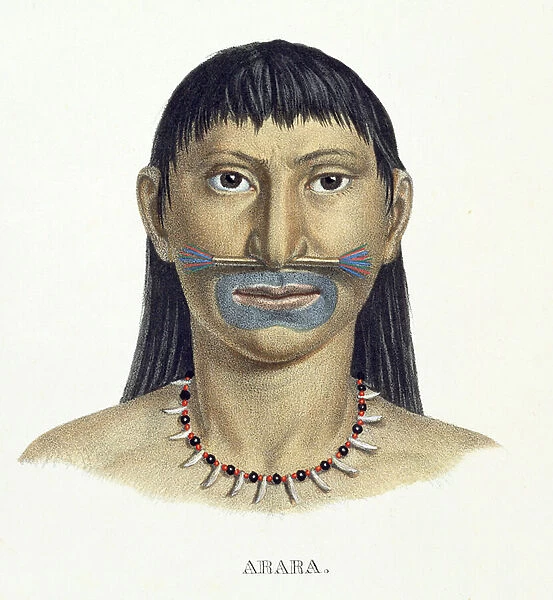 Native man of the Arara tribe with blue face paint, from