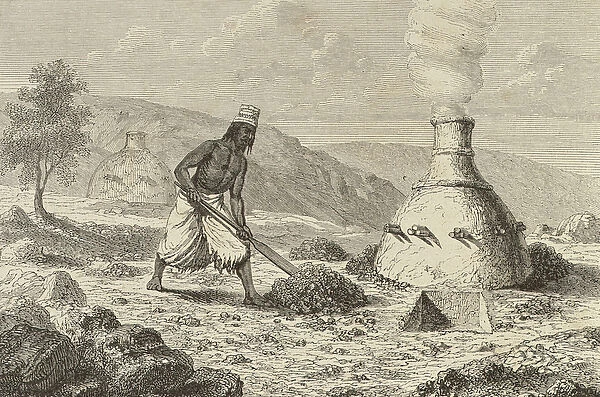 Native smelting iron ore in Fouta Djallon, Guinea, 1850s, from Le Tour du Monde
