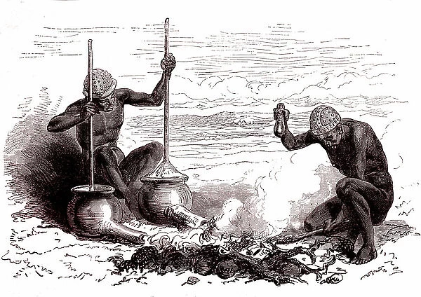 Natives blacksmiths from the Latuka tribe. South Sudan, 1867 (engraving)