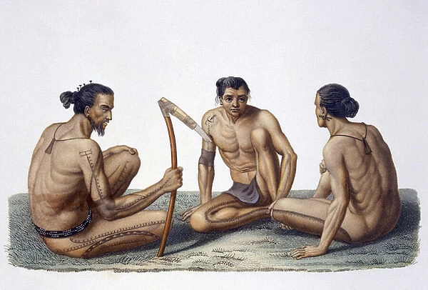 Natives of the Island of Oualan, Caroline Islands archipelago, 1826 (colour litho)
