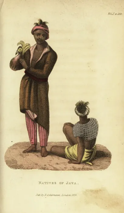 Framed Print : Natives of Java, Javanese, Indonesia, in ordinary dress. Handcoloured copperplate engraving from Frederic Shoberl's The World in Miniature: The Asiatic Islands and New Holland, R. Ackermann, London, 1824 Framed Print : Natives of Java, Javanese, Indonesia, in ordinary dress. Handcoloured copperplate engraving from Frederic Shoberl's The World in Miniature: The Asiatic Islands and New Holland, R. Ackermann, London, 1824