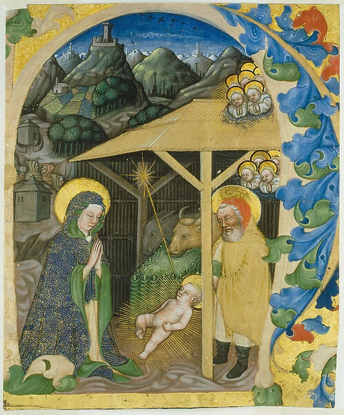 Nativity in an Initial H, 1430-40 (brush, gouache and ink on vellum)