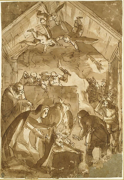 The Nativity (pen and brown ink with brown wash on off-white paper)