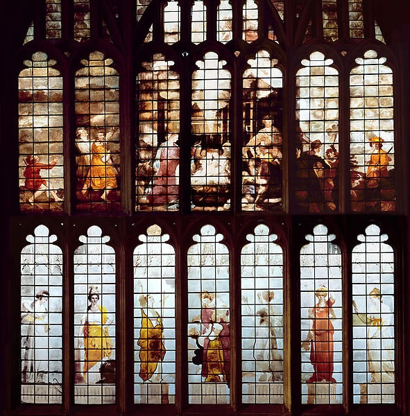Nativity scene and the Virtues (stained glass)
