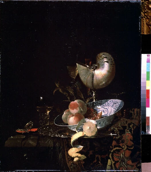 'Nature morte au gobelet nacre'(Still life with a moother-of-pearl goblet) Peches, citron avec son epluchure (zeste) et verre de vin. Peinture de Willem Kalf (1619-1693) 1660 environ Musee Pouchkine, Moscou