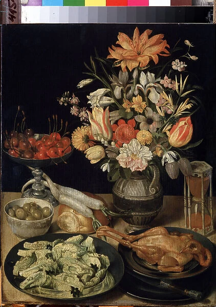 'Nature morte aux fleurs, poulet, sablier, olives, cerises et chou'(Still life with flowers and snack) Peinture de Georg Flegel (1566-1638) 1630-1635 Dim. 52. 5x41 cm Musee de l Ermitage, Saint Petersbourg