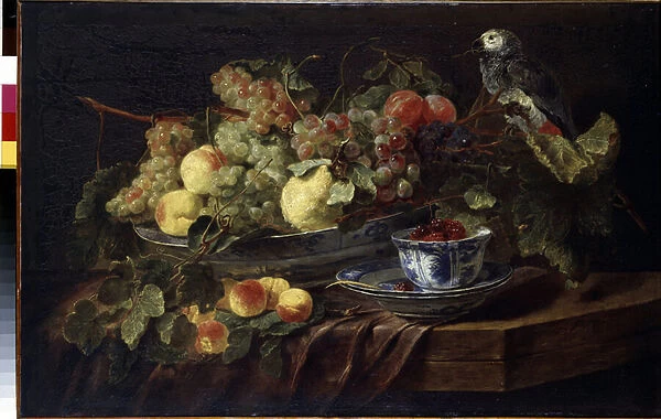 'Nature morte aux fruits et au perroquet'(Still life with fruit and parrot) Peinture de Jan (Johannes) Fyt (1611-1661) 1645 Dim. 58. 3x90. 7 cm Musee de l ermitage, Saint Petersbourg
