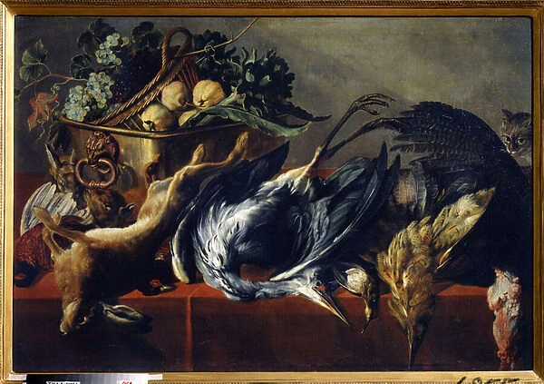 Nature morte avec coffre en ebene (Still life with an ebony chest). Peinture de Frans Snyders (1579-1657). Huile sur toile, 98 x 160 cm. Ecole flamande, art baroque. State Art Museum, Tula (ou Tolan)