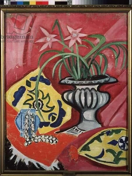Nature morte avec un vase. Peinture de Olga Vladimirovna Rozanova (1886-1918), huile sur toile, 1912. Art russe 20e siecle, avant garde. State B. Kustodiev Art Gallery, Astrakhan (Russie)