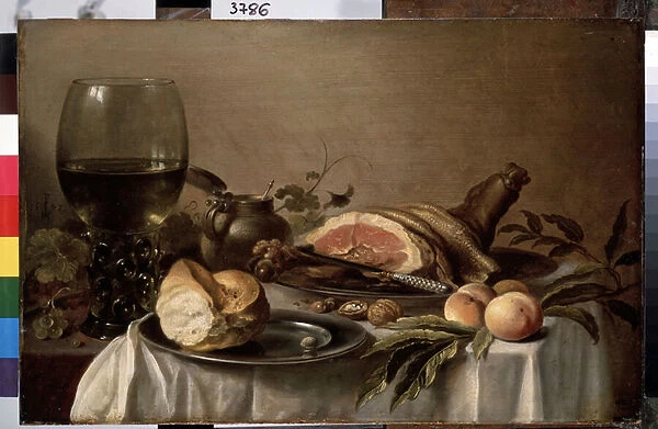 'Nature morte de petit dejeuner avec jambon, pain, peches et noix'(Breakfast with ham) Peinture de Pieter Claesz (vers 1597-1660) 1647 Dim. 40x61 cm Saint petersbourg, musee de l ermitage