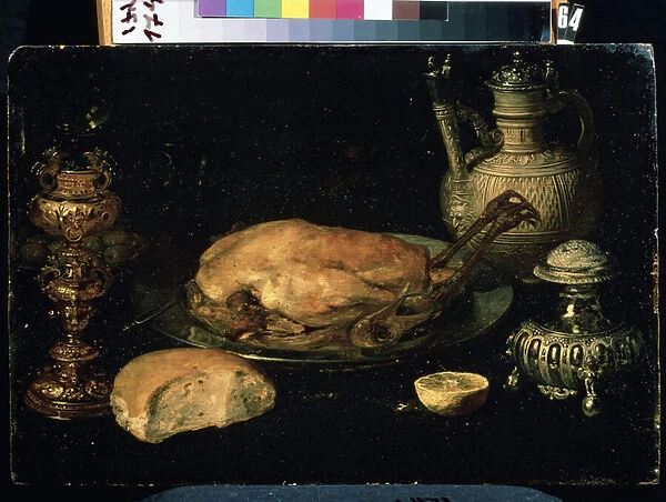 'Nature morte de poulet, citron, pain, argenterie et lampe a huile'(Still life) Peinture d Osias Beert l ancien (1580-1624) 17eme siecle Mikhail Kroshitsky Art Museum, Sevastopol (Sebastopol) Ukraine
