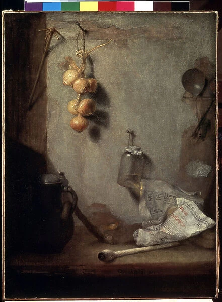 'Nature morte'(Still life) Oignons, table de cuisine et bocal en verre'Peinture de Christopher Paudiss (1630-1666) 1660 Dim. 62x46. 5 cm Musee de l Ermitage, Saint Petersbourg