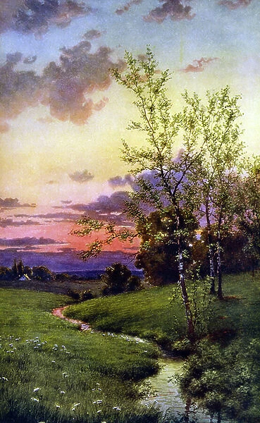 Nature's Harmony c1912. After Thomas Moran (1837-1926) English-born American artist. Landscape Pastoral Tree Meadow Stream Sunset Tranquillity