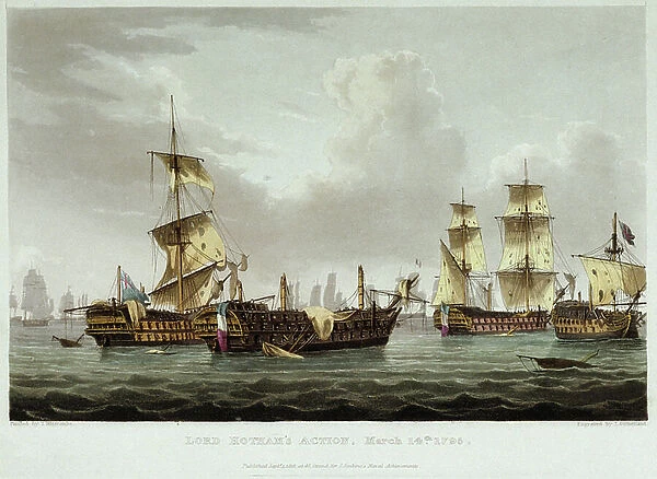 The naval battle led by Lord William Hotham (1736-1813), on March 14, 1795, off the coast of Toulon (France). Coloured etching, September 1, 1816, by Thomas Whitcombe (1763-1824)