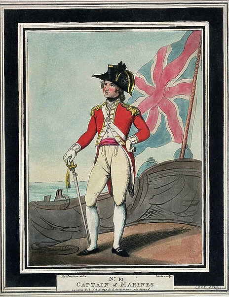 The naval captain, in the Royal Navy, in the 18th century. Etching in colors, 1799, by Thomas Rowlandson (1756-1827)