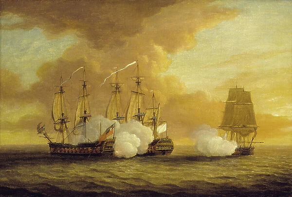 Naval combat between HMS Lion and Elisabeth and the French ship Du Teillay, on July 9, 1745, during the final phase of the Jacobite rebellions of 1688 to 1746