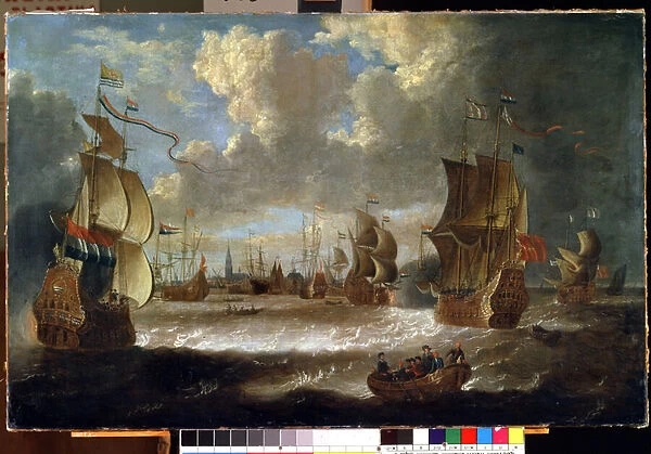 Navires dans un lagon (Ships in a lagoon). Peinture d Abraham Storck (1635-1710). Huile sur toile, 103 x 159 cm. Ecole hollandaise, art baroque. State M. K. Ciurlionis Art Museum, Kaunas (Lituanie)