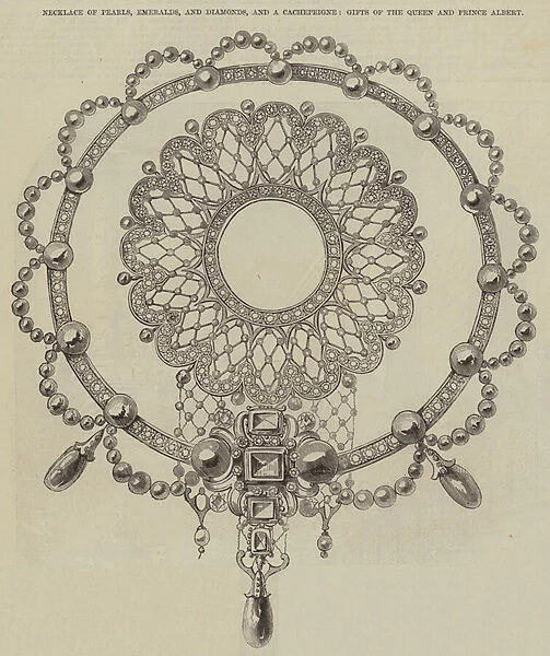 Necklace of Pearls, Emeralds, and Diamonds, and a Cachepeigne, Gifts of the Queen and Prince Albert (engraving)