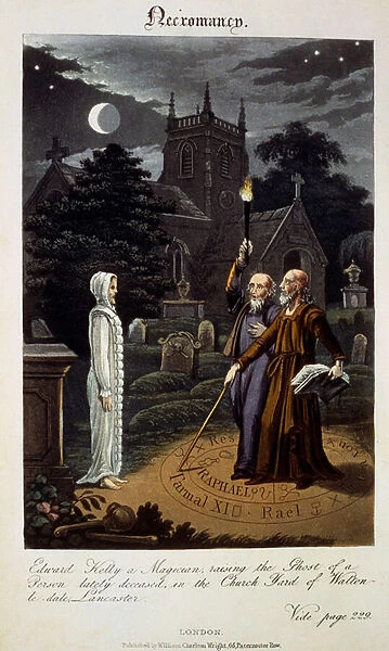 Necromancy: Edward Kelly, a magician, raising the Ghost of a Person lately deceased, in the Church Yard of Walton-le-dale, Lancaster, from The Astrologer of the Nineteenth Century by Robert Cross, 1825 (hand-coloured etching & aquatint)