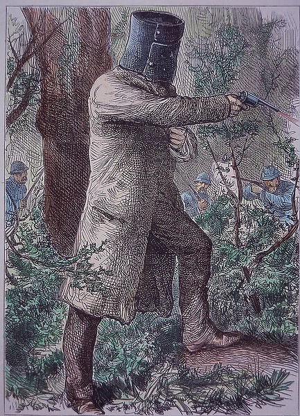 Ned Kelly, wearing his characteristic armour, in final confrontation with police