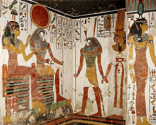 Nefertari is brought before the god Re-Horakhty by Horus, from the Tomb of Nefertari