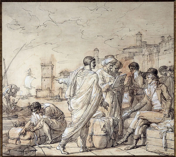 Negociants on the docks of the port of Marseille Drawing by Francois Andre Vincent