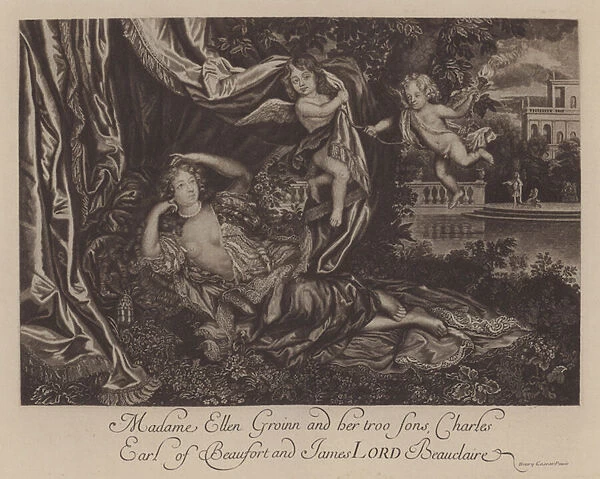 Nell Gwyn and her two sons, Charles, Earl of Burford, and James, Lord Beauclerk (engraving)