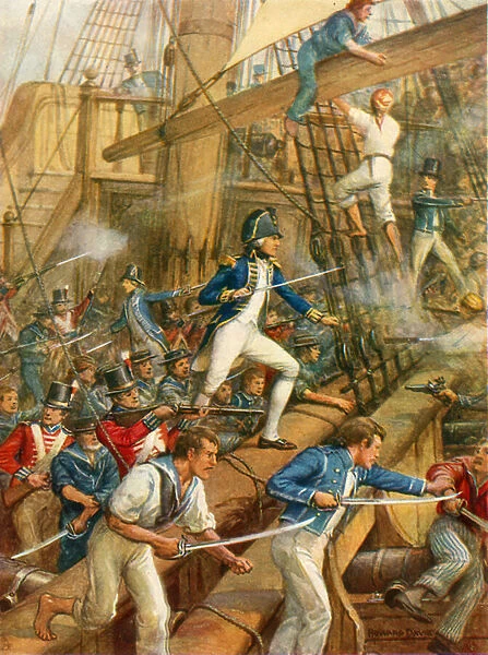 Nelson boarding the San Nicolas (colour litho)
