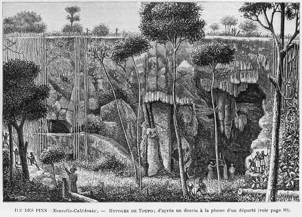 New Caledonia, Isle of Pines, Hypogeum of Toupo, after a pen