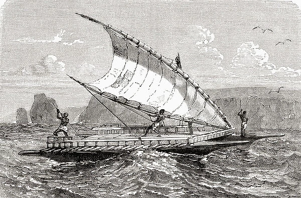New Caledonian double canoe, from El Mundo en la Mano, published 1878 (litho)