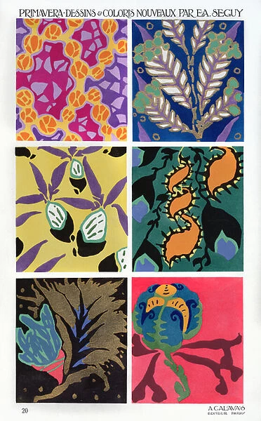 New Designs and colours for wallpaper, produced for the Primavera Design Studio of the Parisian Department store Printemps, 1913 (colour litho)