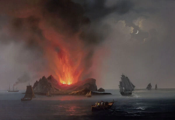 New Volcano Erupting from the Sea around Sicily in 1831 (gouache on paper)