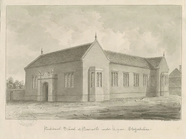 Newcastle-under-Lyme - National School: sepia wash drawing, 1840 (drawing)