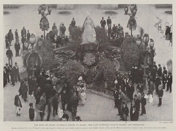 The News of Queen Victorias Death at Malta, Her late Majestys Statue draped and decorated (b  /  w photo)