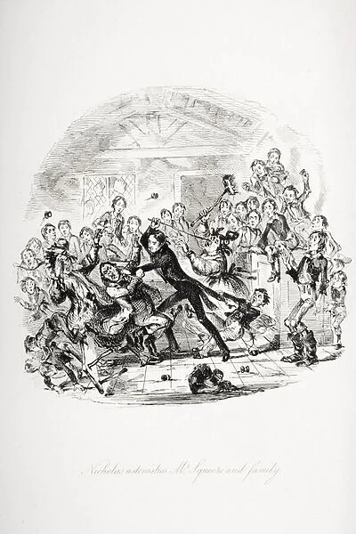 Nicholas astonishes Mr. Squeers and family, illustration from Nicholas Nickleby by Charles Dickens (1812-70) published 1839 (litho) (see also 259144)