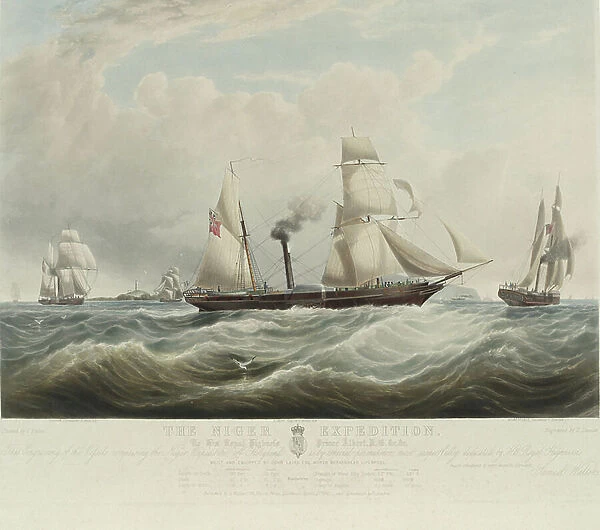 The Nigerian Expedition, at the confluence of the Niger and Benoue rivers, the ships Albert, Sudan, and Wilberforce off Holyhead (Wales), August-October 1841