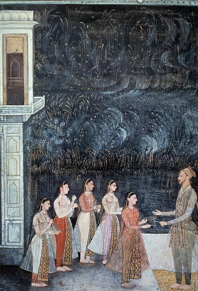 Night party scene at the court of the Shah Jahan representing the prince and courtesans