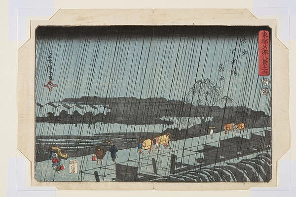 Night Rain at Yoshiwara Nihondzutsumi (Yoshiwara Nihondzutsumi Yau) (colour woodblock print)