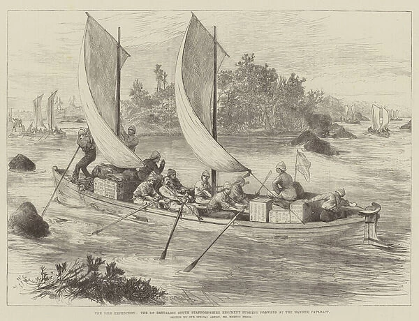 The Nile Expedition, the 1st Battalion South Staffordshire Regiment pushing forward at the Hannek Cataract (engraving)