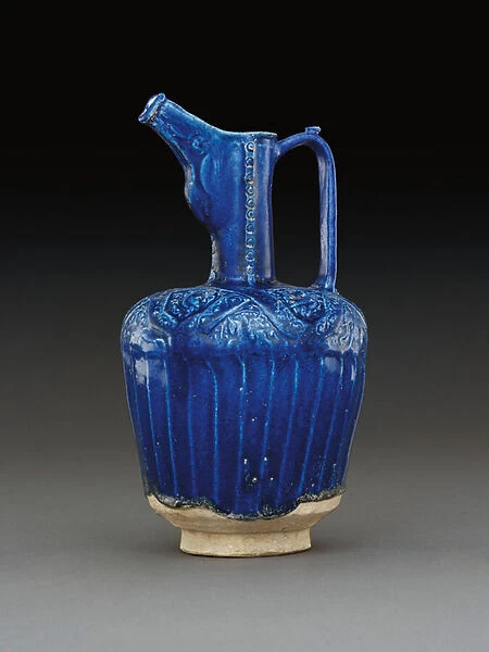 Nishapur moulded monochrome cobalt-blue glazed pottery ewer, Eastern Iran (ceramic)